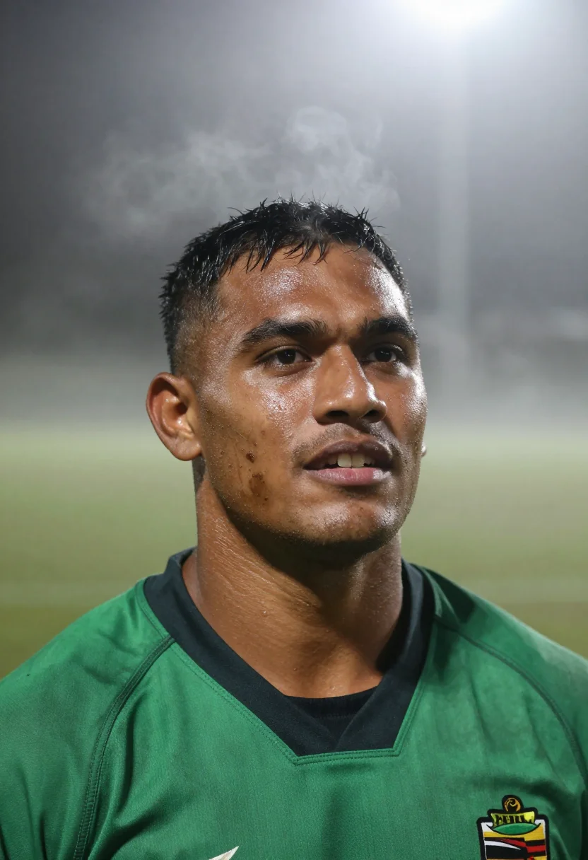 AI rugby winter green sample — portrait of a man, framed tight on the head and the top of t