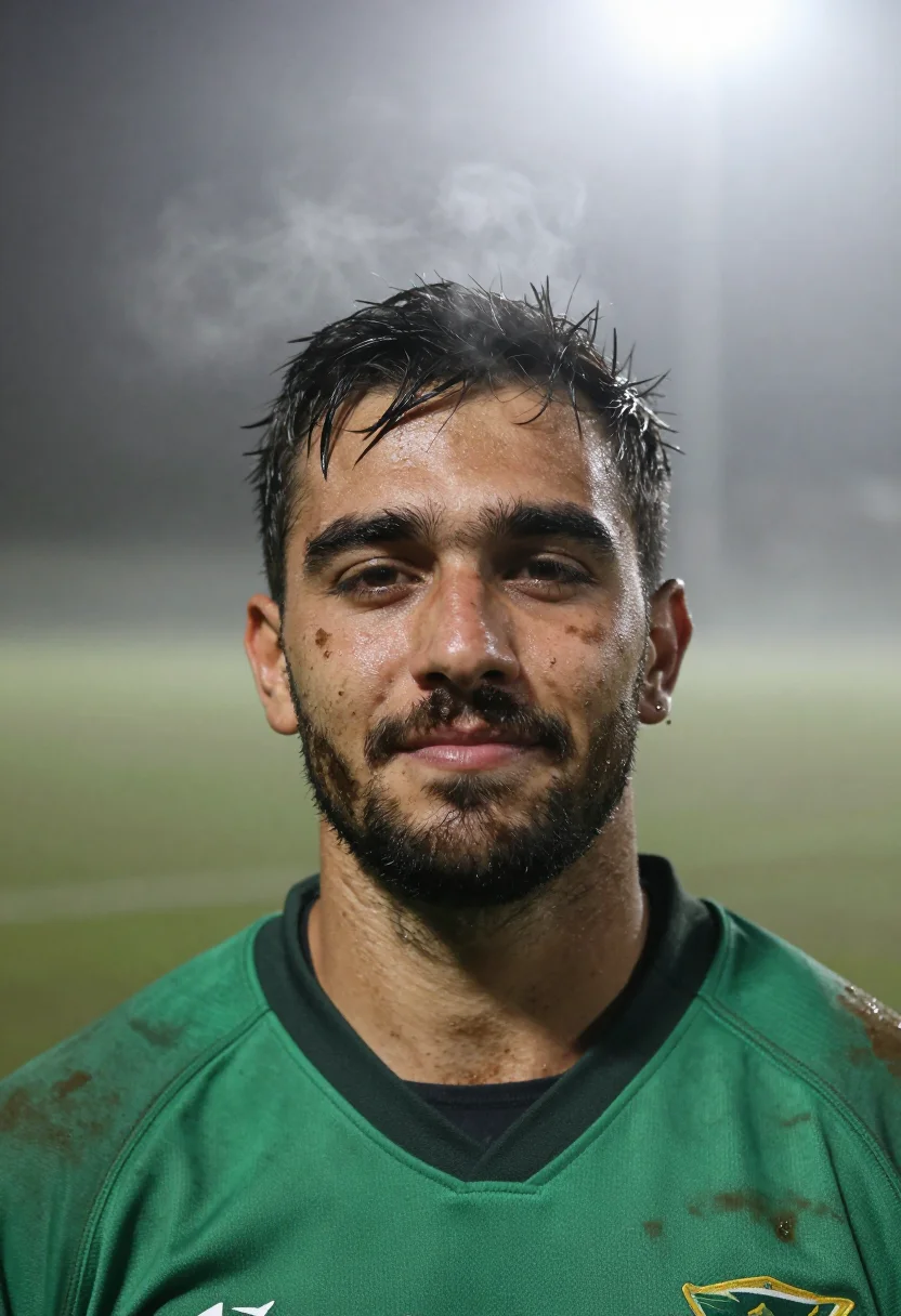 AI rugby winter green sample — portrait of a man, framed tight on the head and the top of t