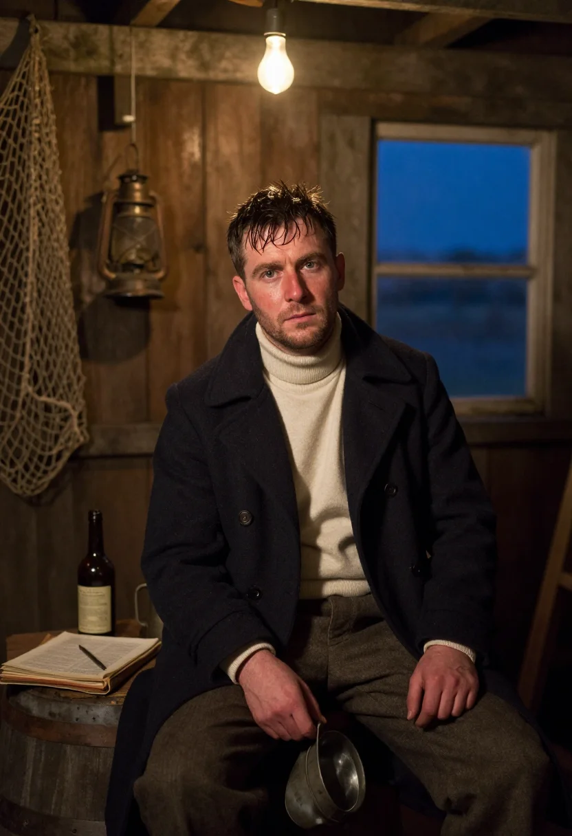 AI rum runner sample — portrait of a man, seated portrait of a Western-European man