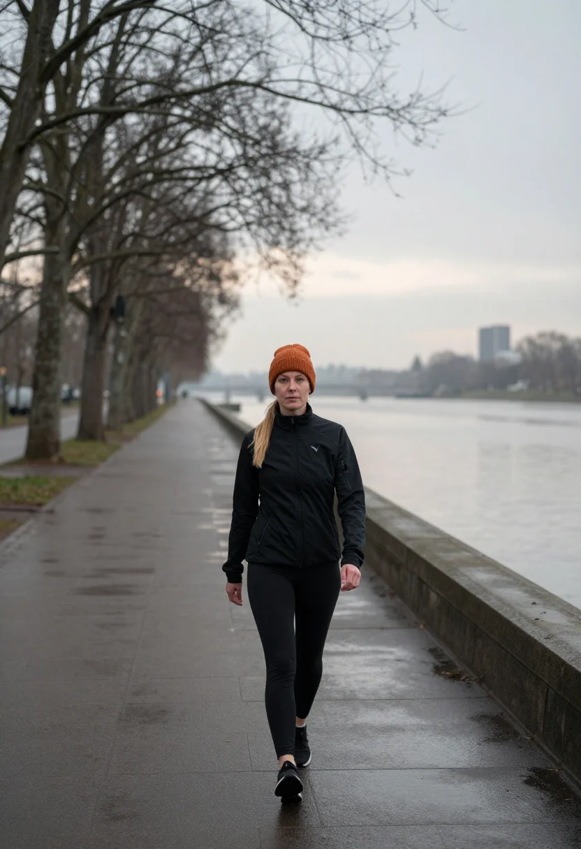 AI run club bridge orange sample — portrait of a woman, framed wide and full-length, the figure