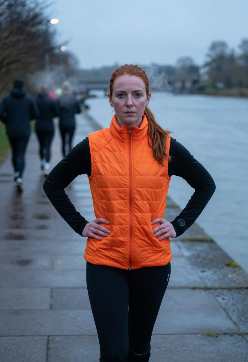 AI run club bridge orange sample — portrait of a woman, framed three-quarter length from the he
