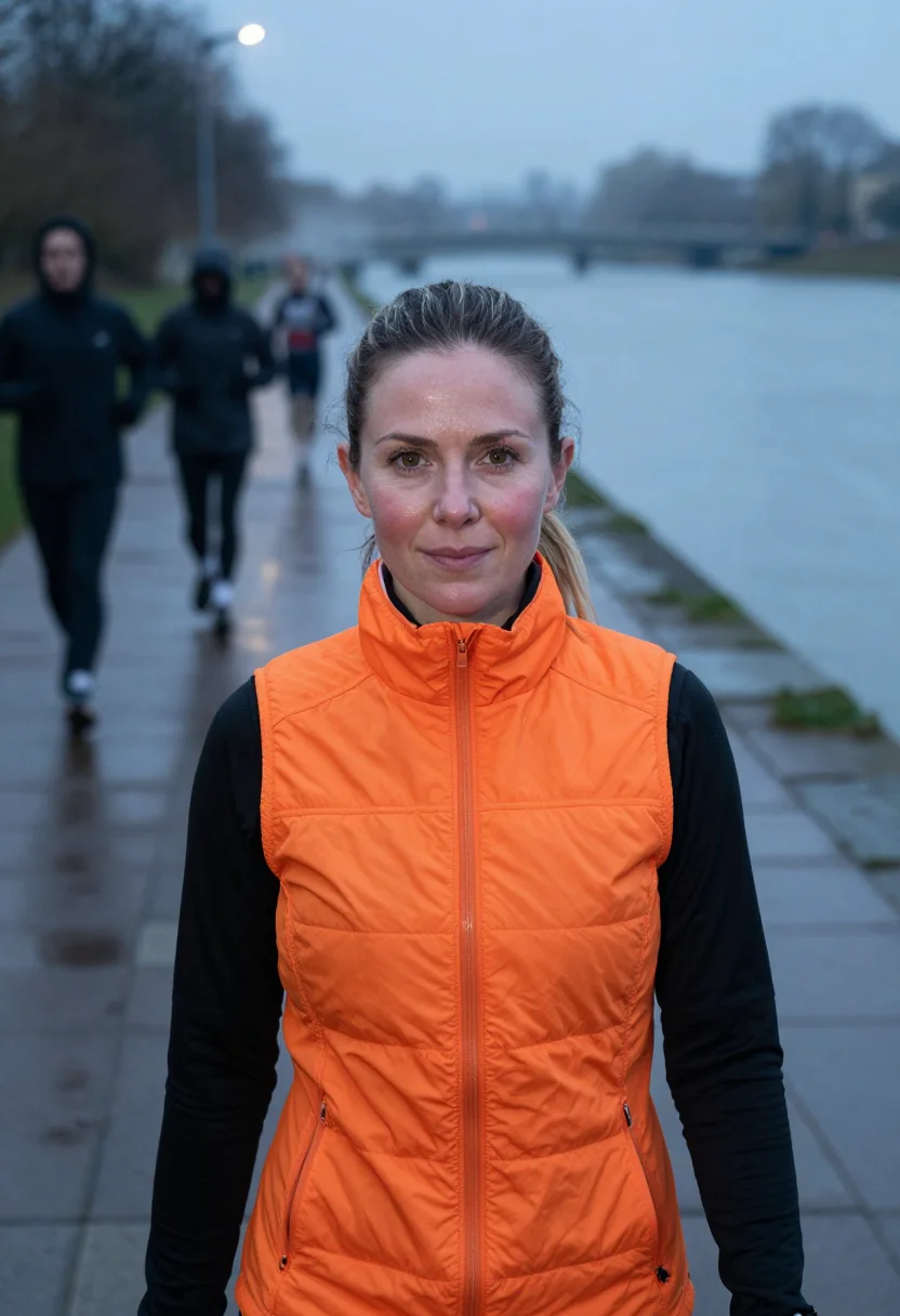 AI run club bridge orange sample — portrait of a woman, framed tight, head and shoulders, the b