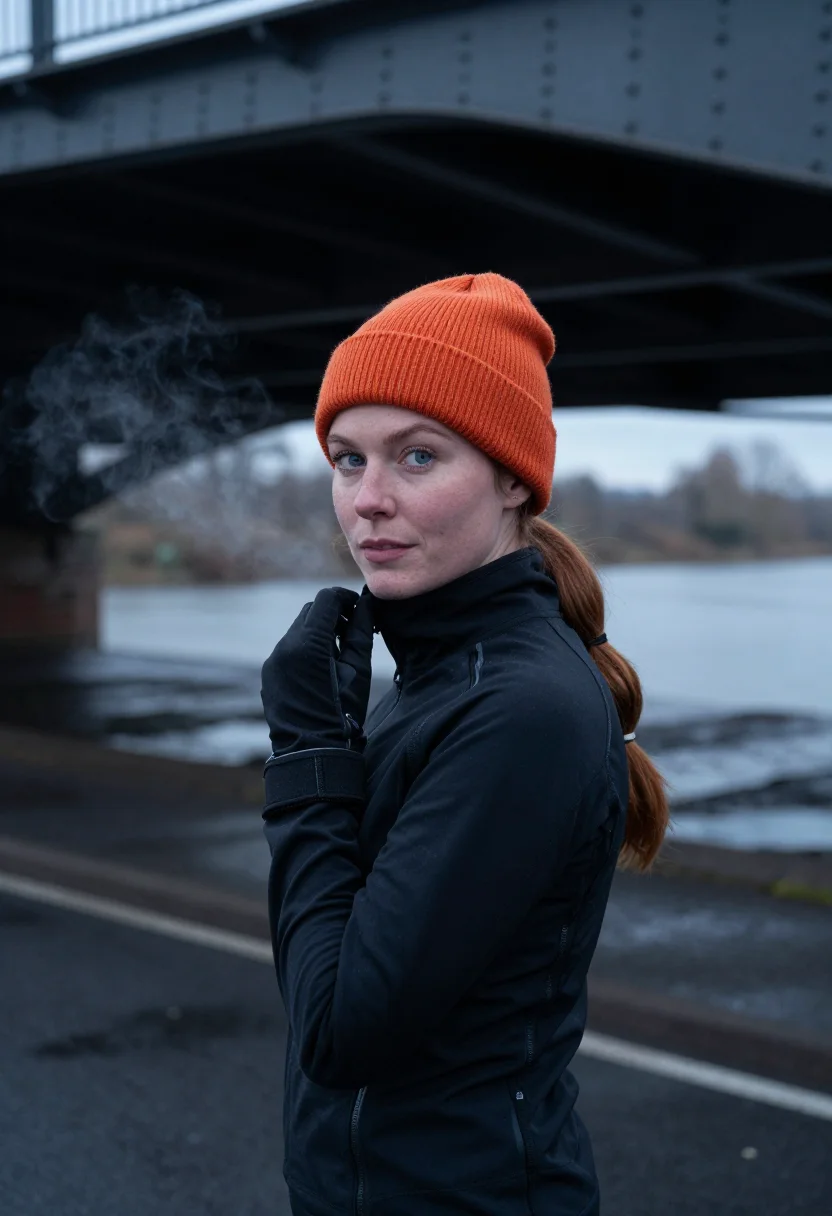 AI run club bridge orange sample — portrait of a woman, framed chest-up from the crown to the b