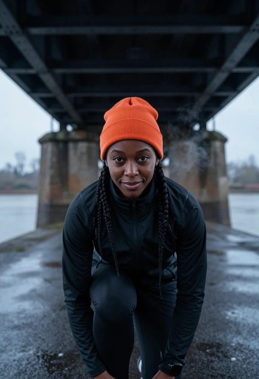 AI run club bridge orange sample — portrait of a woman, framed chest-up from a low vantage at c