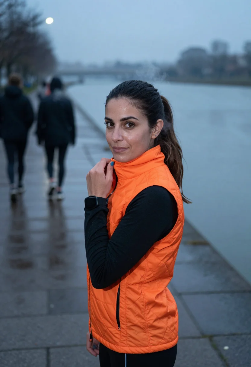 AI run club bridge orange sample — portrait of a woman, framed chest-up from the crown to the b