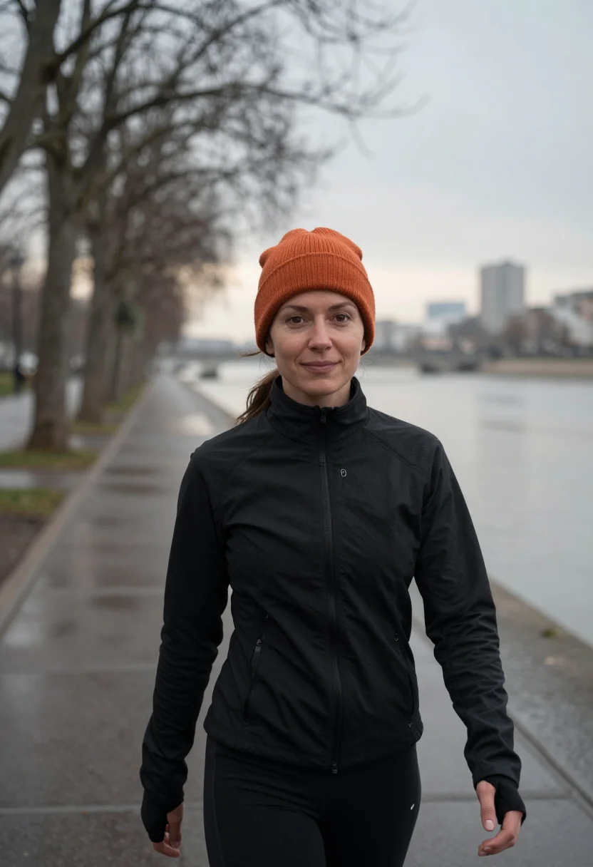 AI run club bridge orange sample — portrait of a woman, framed tight, head and shoulders, the b