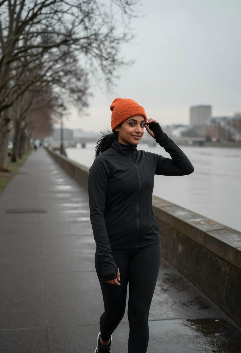 AI run club bridge orange sample — portrait of a woman, framed chest-up from the crown to the b