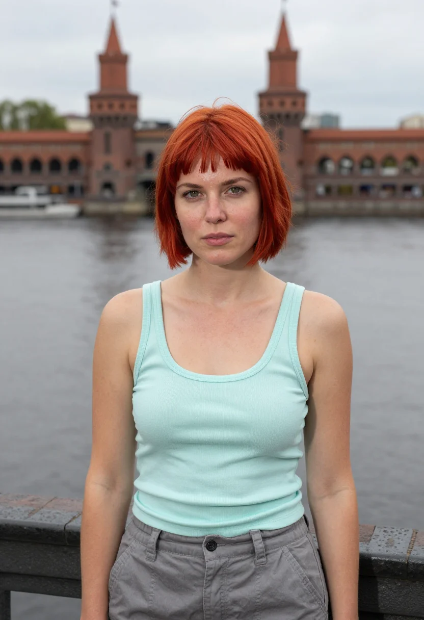 AI run lola run berlin red hair oberbaum sample — portrait of a woman, an Austrian woman in her early thirties