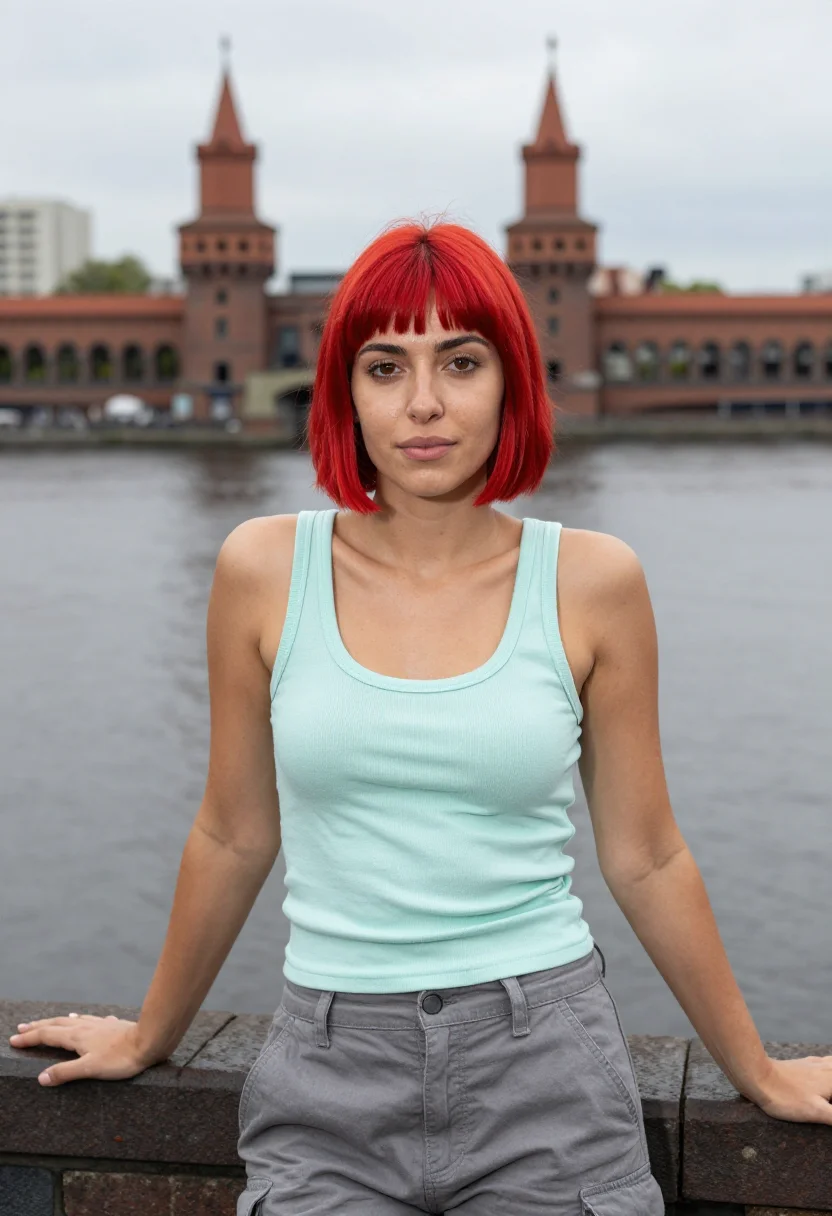 AI run lola run berlin red hair oberbaum sample — portrait of a woman, an Italian woman in her mid-twenties wi