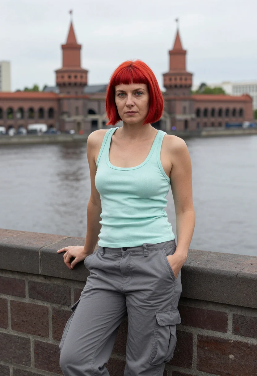 AI run lola run berlin red hair oberbaum sample — portrait of a woman, a Dutch woman in her early thirties wit