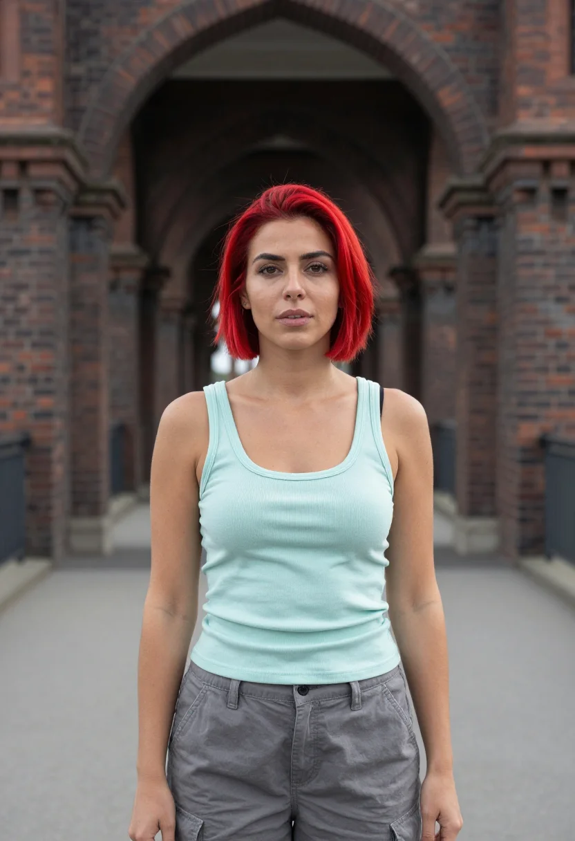 AI run lola run berlin red hair oberbaum sample — portrait of a woman, a Turkish-German woman in her early thi