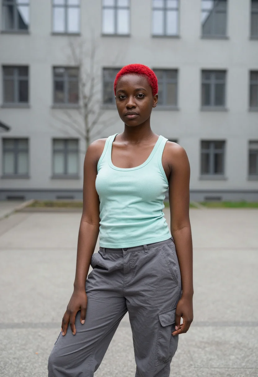 AI run lola run berlin red hair oberbaum sample — portrait of a woman, a Black German woman of Ghanaian descen