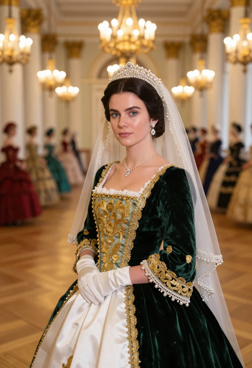 AI russian court gown sample — portrait of a woman, close chest-up portrait of a Western-Eu