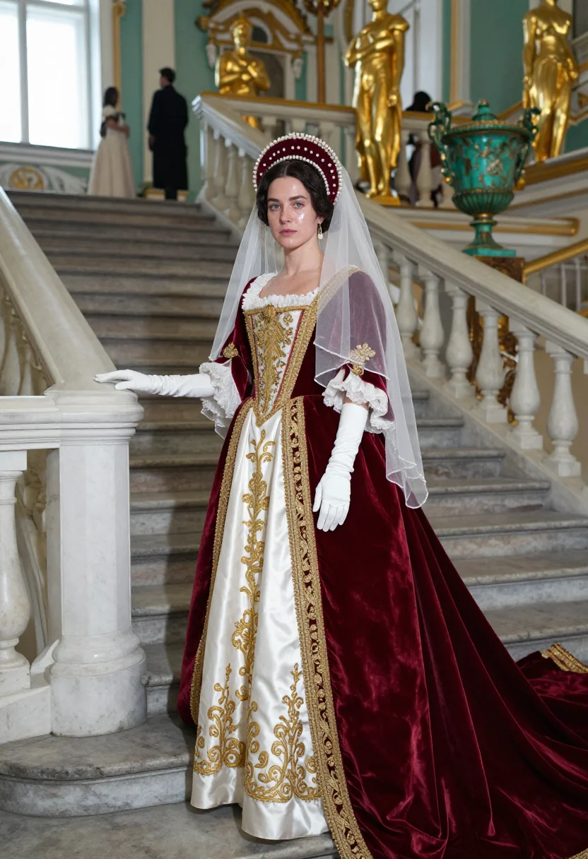 AI russian court gown sample — portrait of a woman, full-length portrait of a Western-Europ