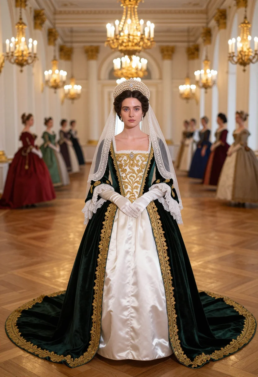AI russian court gown sample — portrait of a woman, full-length portrait of a Western-Europ
