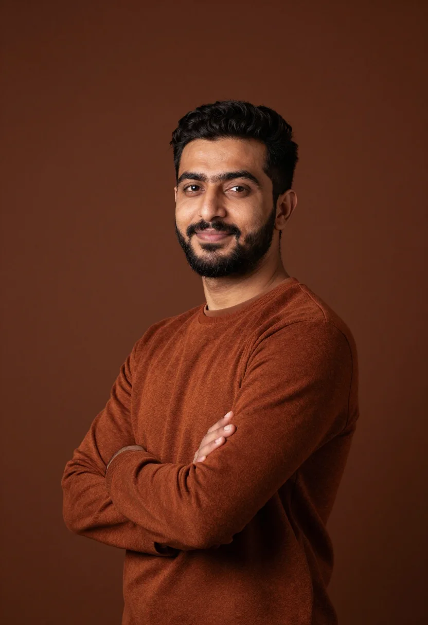 AI rust knit headshot sample — portrait of a man, chest-up three-quarter portrait of a Midd