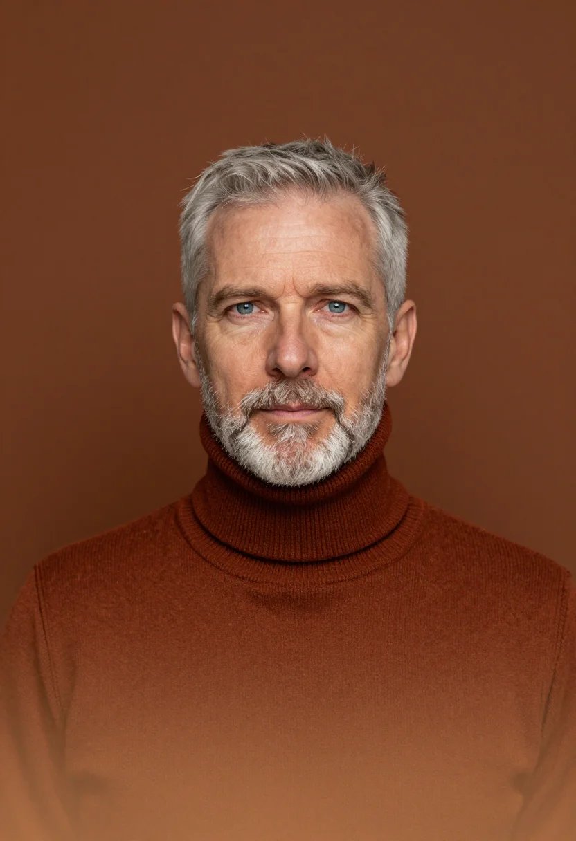 AI rust knit headshot sample — portrait of a man, tight headshot of a Western-European man