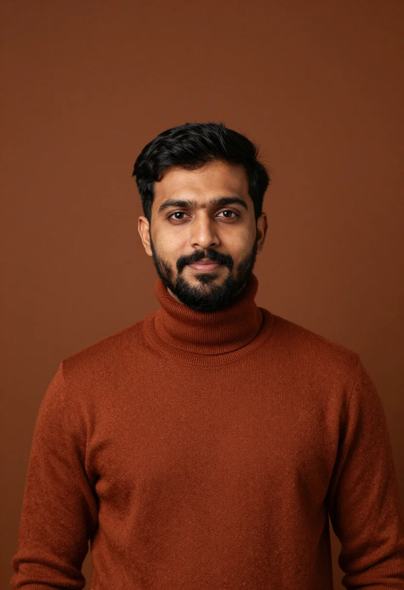 AI rust knit headshot sample — portrait of a man, chest-up portrait of a South-Asian man in