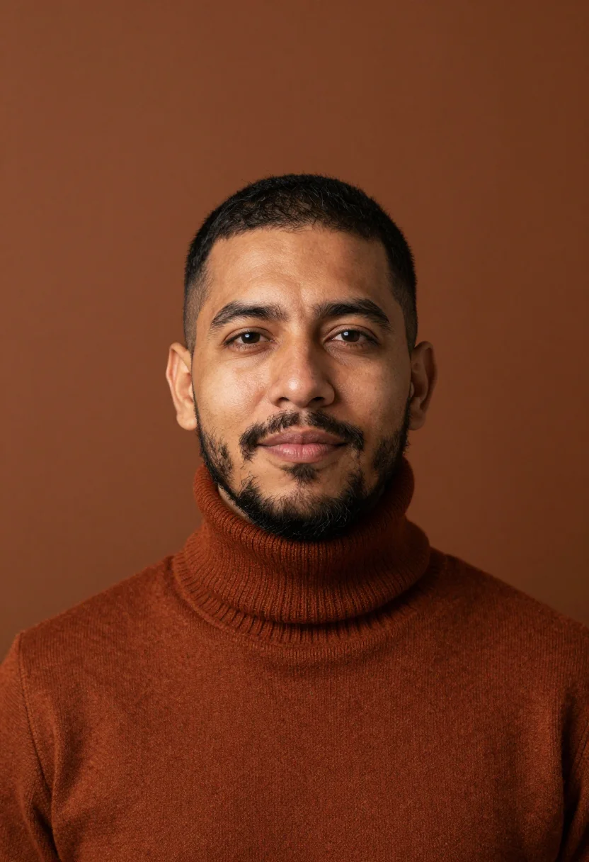 AI rust knit headshot sample — portrait of a man, head-and-shoulders portrait of a Latin-Am