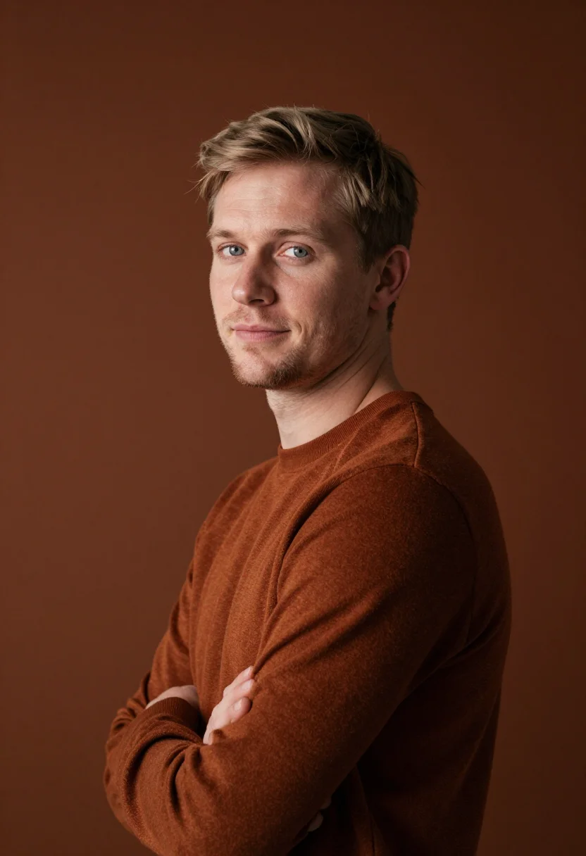 AI rust knit headshot sample — portrait of a man, head-and-shoulders three-quarter portrait