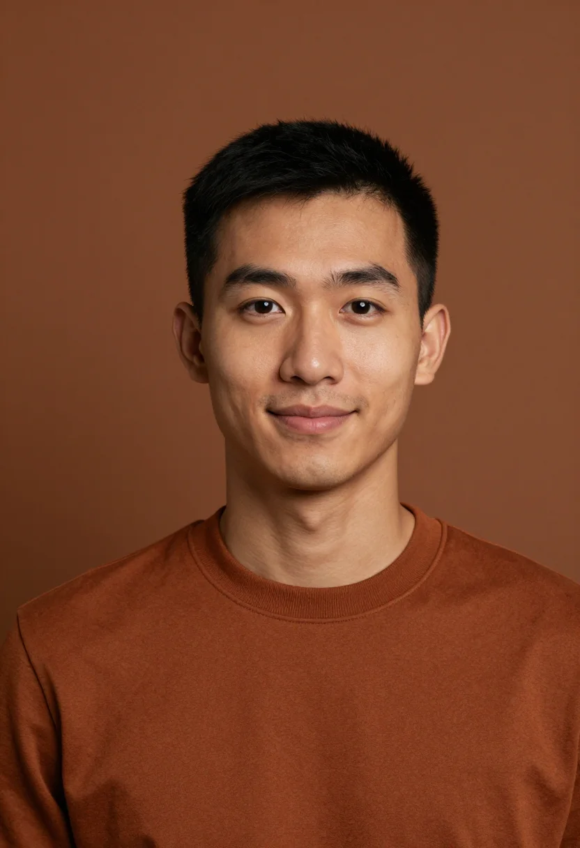 AI rust knit headshot sample — portrait of a man, tight headshot of an East-Asian man in hi