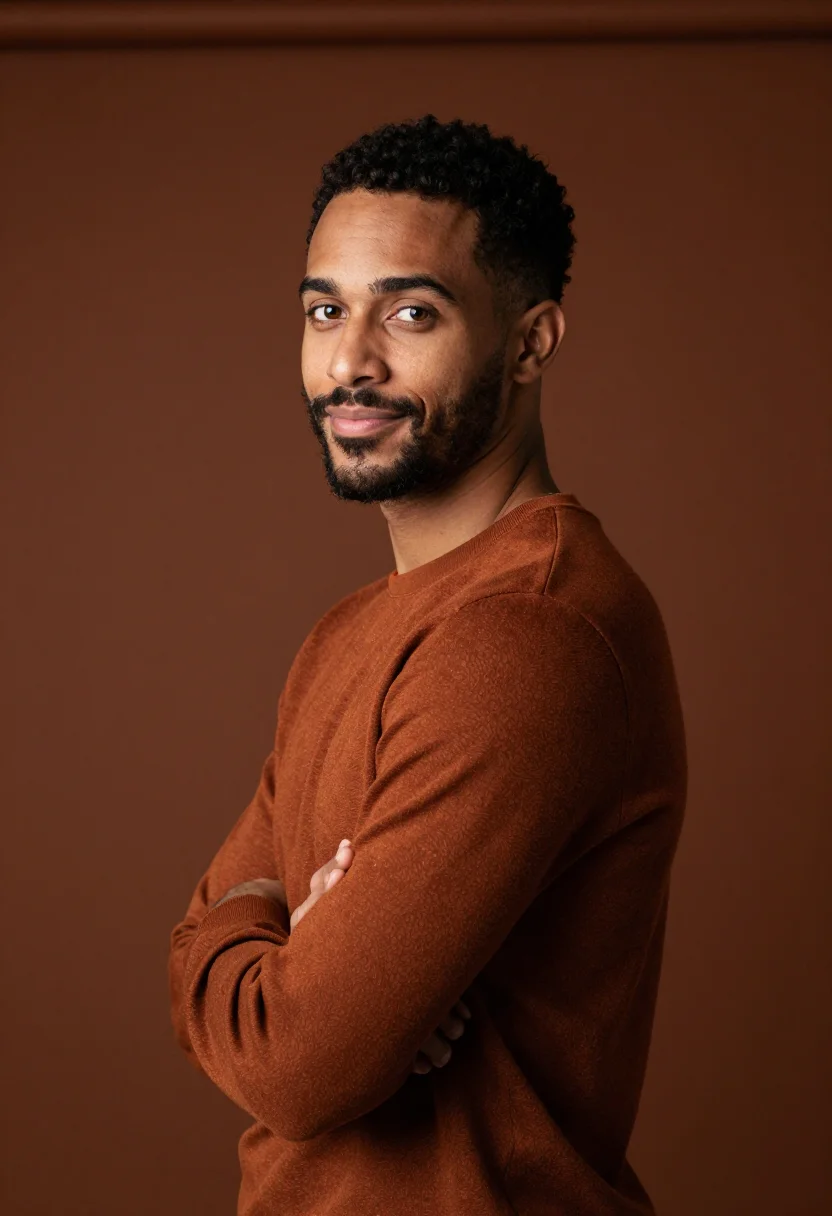 AI rust knit headshot sample — portrait of a man, tight three-quarter headshot of a mixed-h
