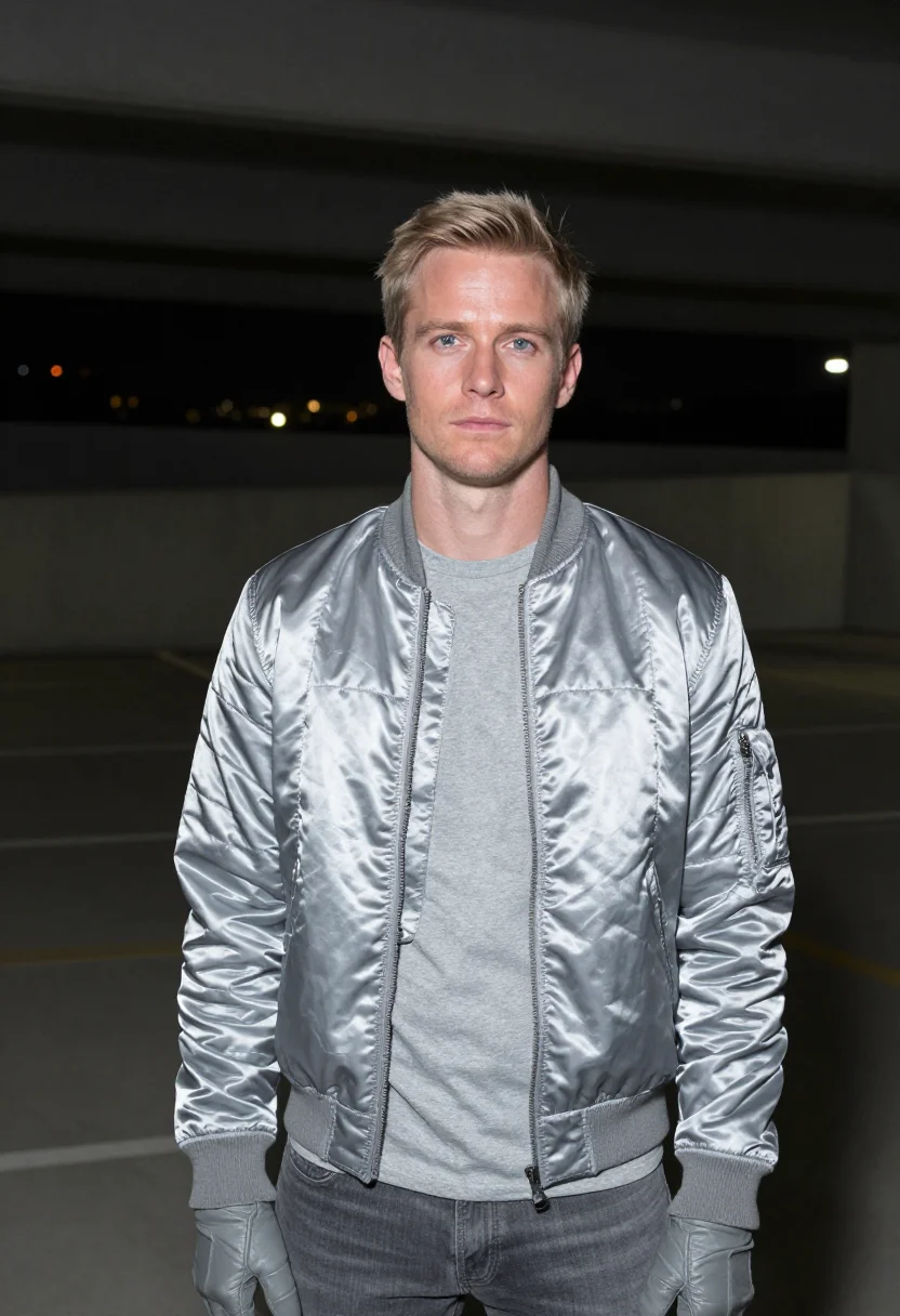 AI ryan gosling drive scorpion jacket silver sample — portrait of a man, a Danish man in his mid-thirties with fai