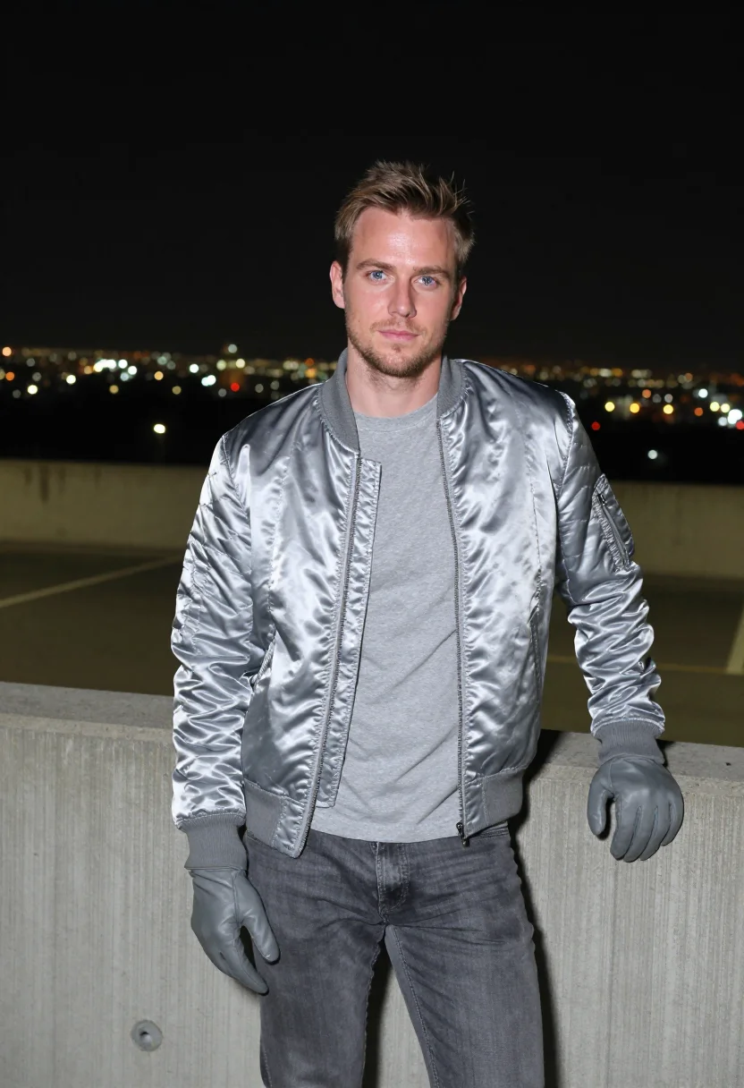 AI ryan gosling drive scorpion jacket silver sample — portrait of a man, a German man in his mid-thirties with fai