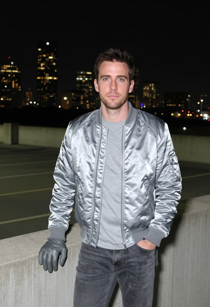 AI ryan gosling drive scorpion jacket silver sample — portrait of a man, an Irish man in his mid-thirties with fai