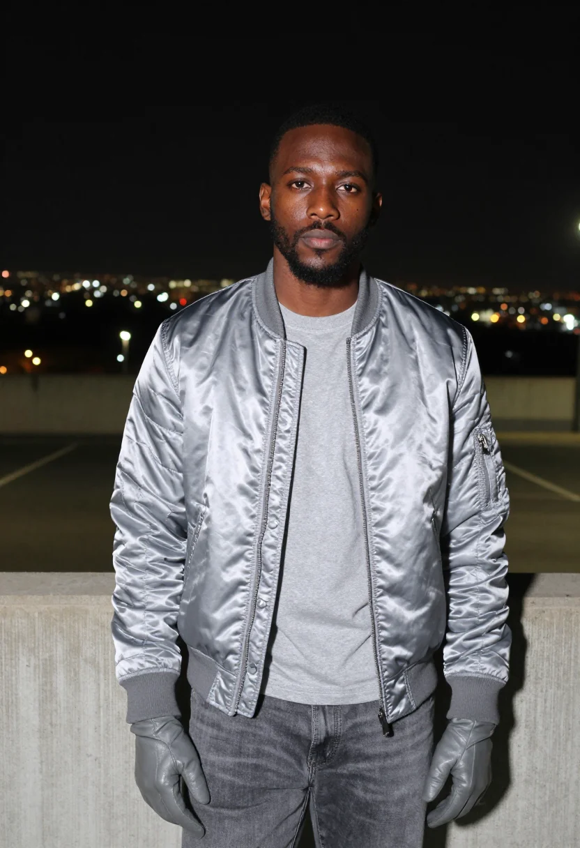 AI ryan gosling drive scorpion jacket silver sample — portrait of a man, a Black British man in his early thirties