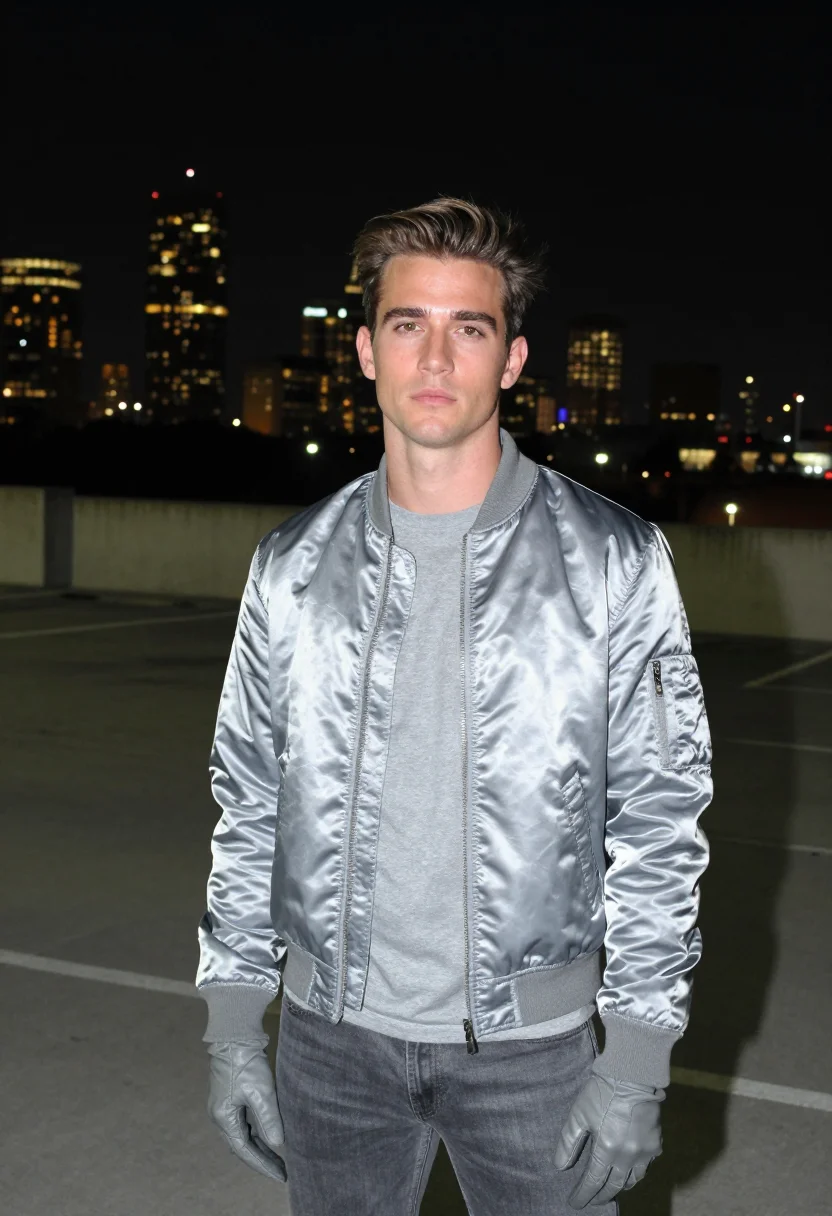 AI ryan gosling drive scorpion jacket silver sample — portrait of a man, an American man in his late twenties with