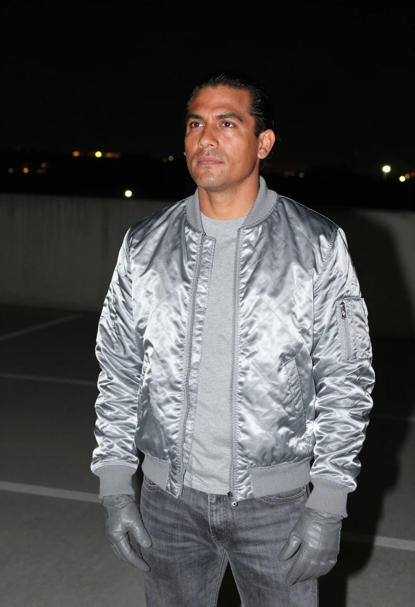 AI ryan gosling drive scorpion jacket silver sample — portrait of a man, a Mexican-American man in his early thirt