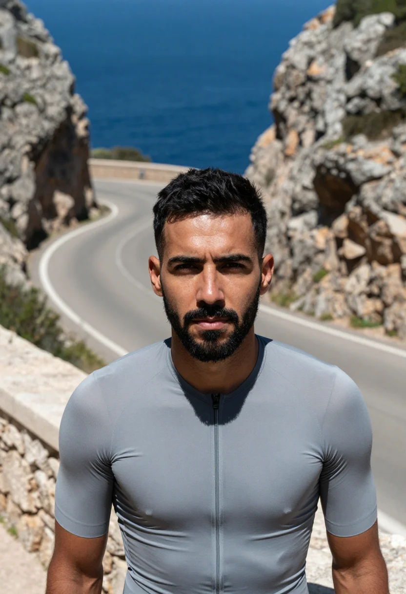 AI sa calobra mallorca hairpins limestone sample — portrait of a man, a cyclist in his mid-thirties with deep b