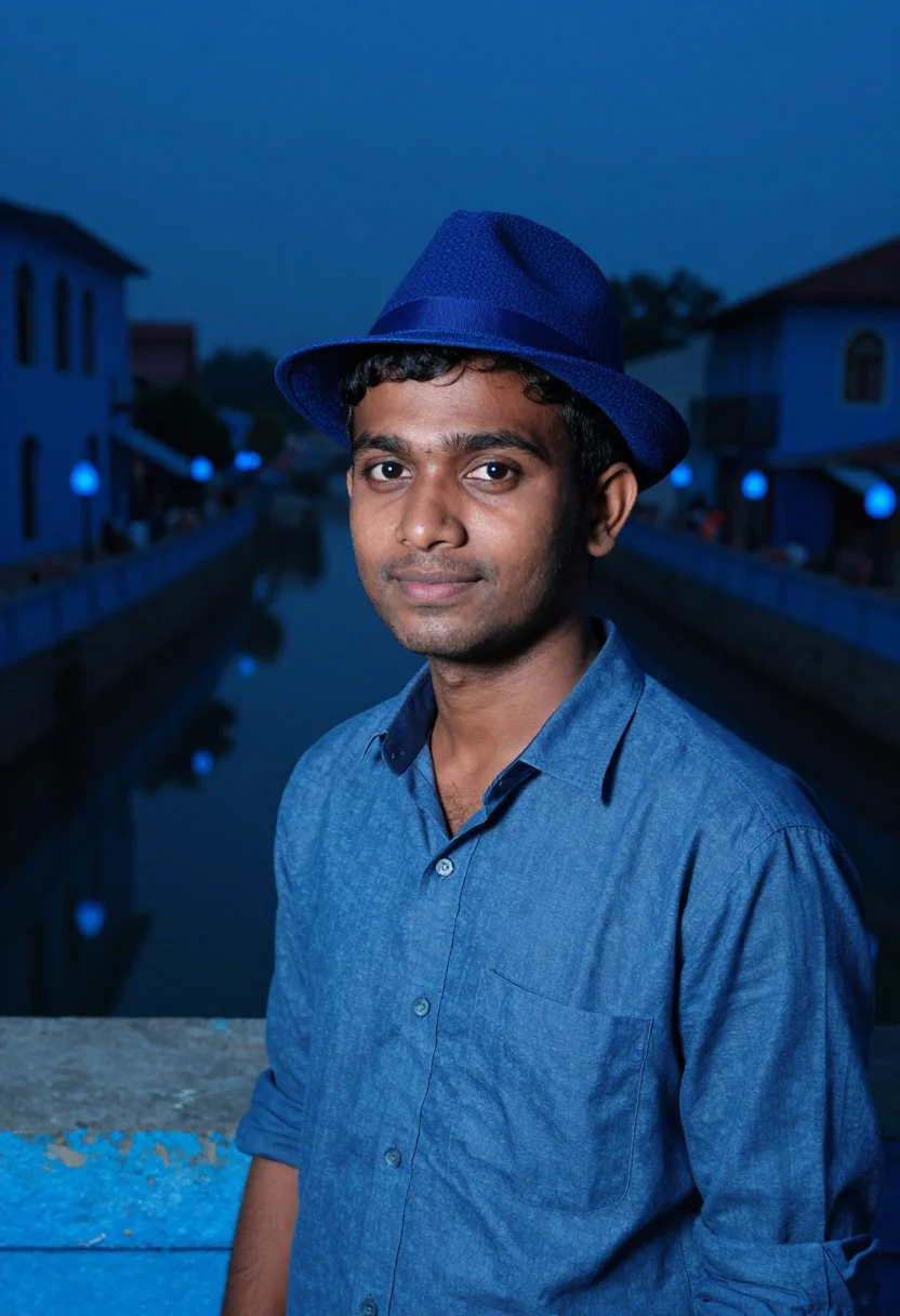 AI saawariya blue night city sample — portrait of a man, a Bengali man in his mid-twenties with de