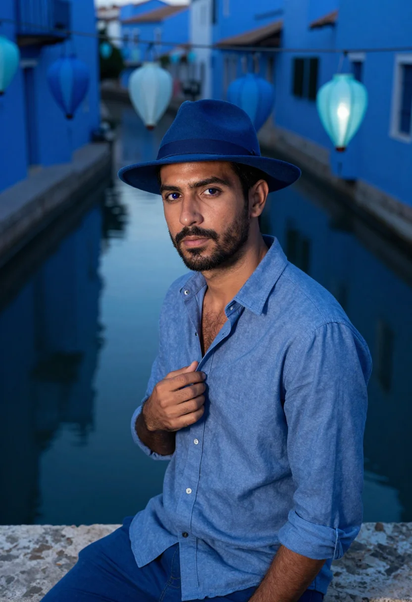 AI saawariya blue night city sample — portrait of a man, a Spanish man in his mid-thirties with ta