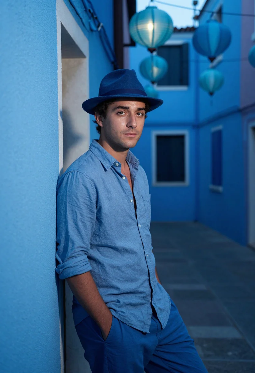 AI saawariya blue night city sample — portrait of a man, an Italian man in his late twenties with