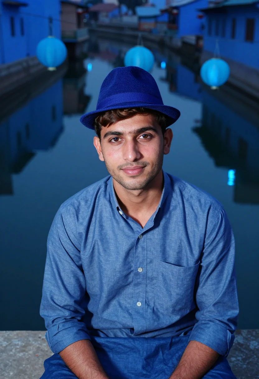 AI saawariya blue night city sample — portrait of a man, a Kashmiri man in his late twenties with