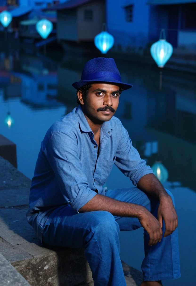 AI saawariya blue night city sample — portrait of a man, a Tamil man in his early thirties with de