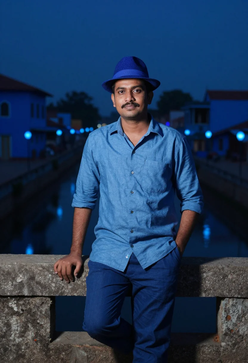 AI saawariya blue night city sample — portrait of a man, a Marathi man in his early thirties with