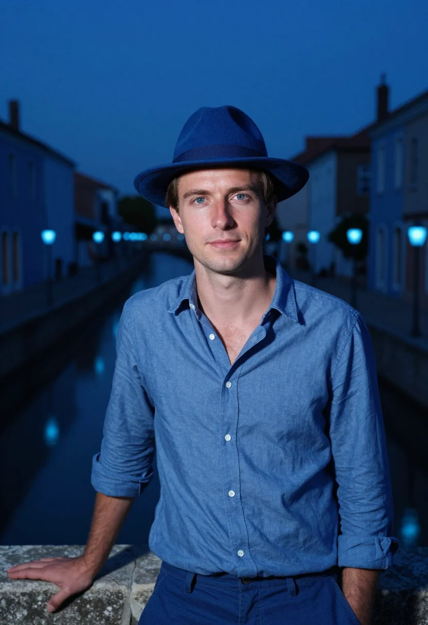 AI saawariya blue night city sample — portrait of a man, a French man in his early thirties with f