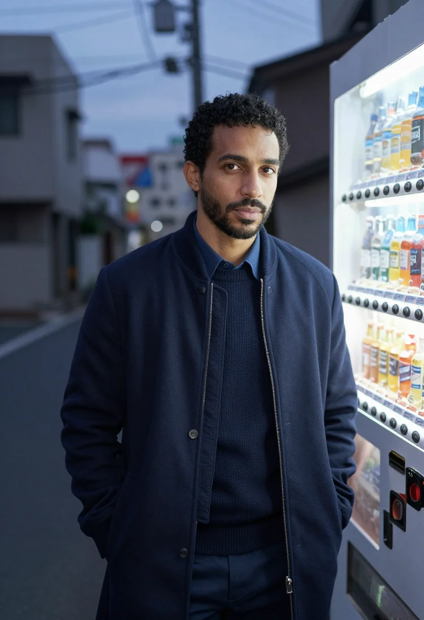 AI sacai harajuku hybrid bomber navy men sample — portrait of a man, a French-Algerian man in his mid-thirties