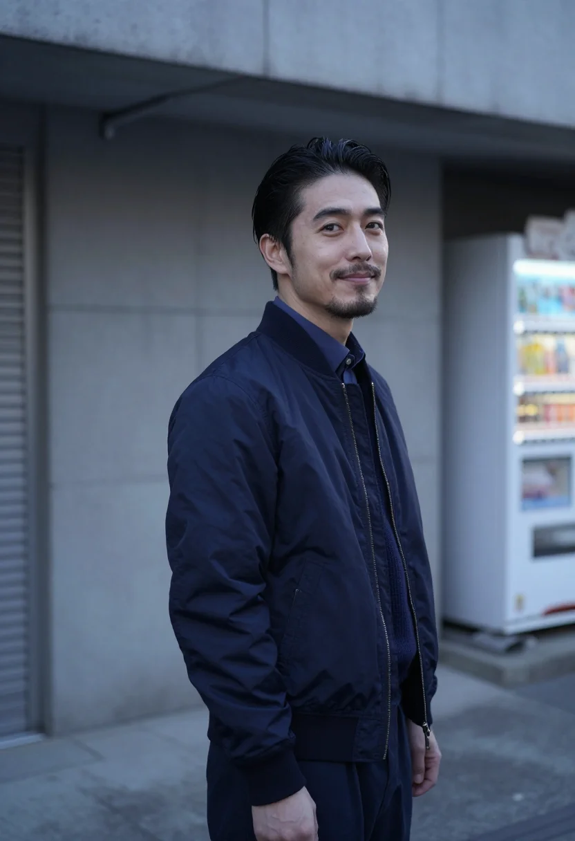 AI sacai harajuku hybrid bomber navy men sample — portrait of a man, a Japanese man in his early forties with