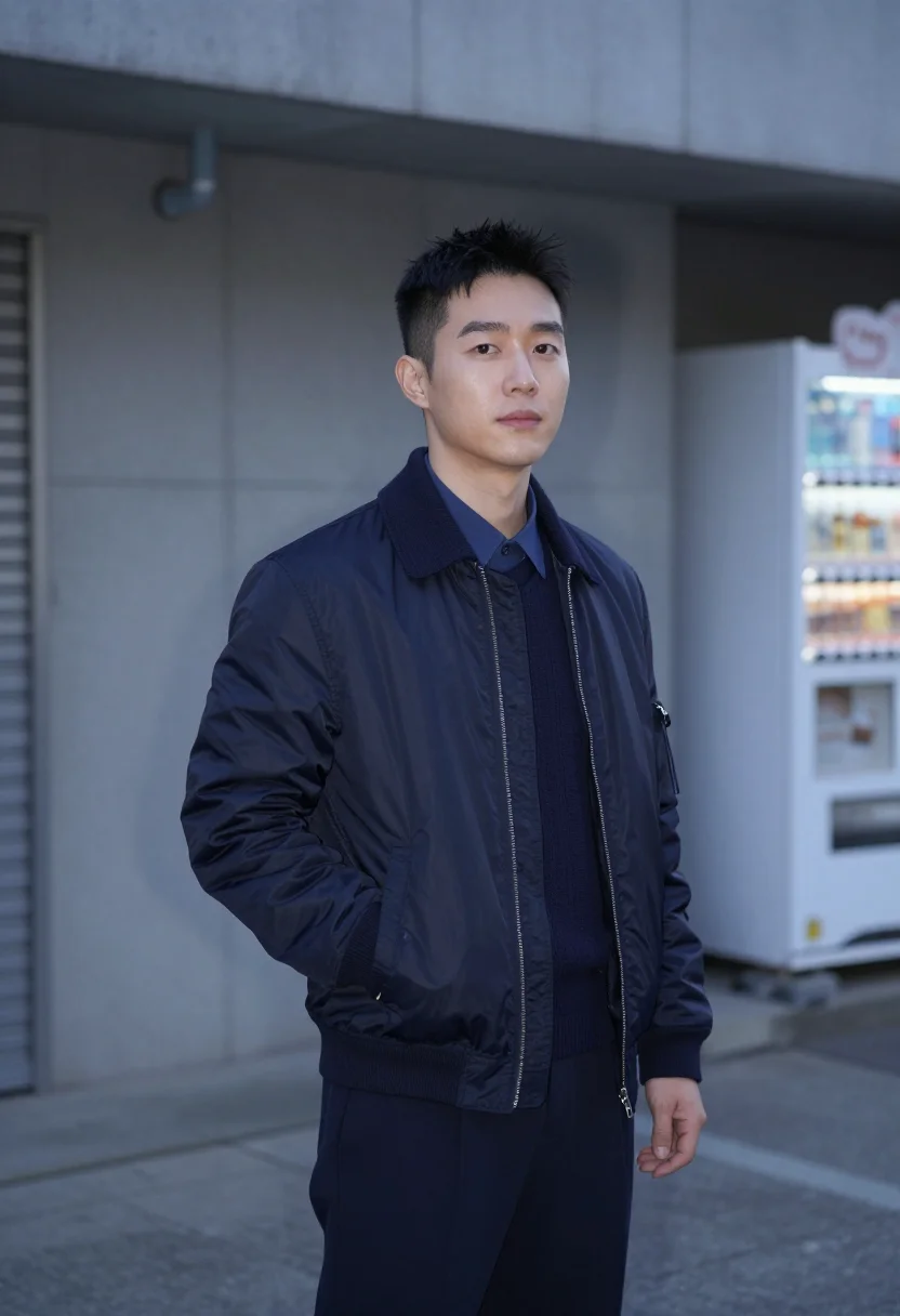 AI sacai harajuku hybrid bomber navy men sample — portrait of a man, a Korean-American man in his early thirti