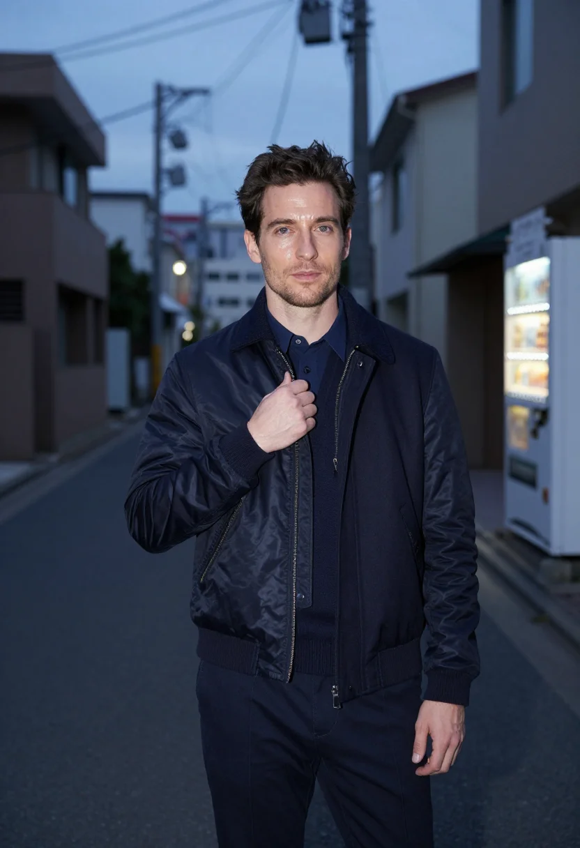 AI sacai harajuku hybrid bomber navy men sample — portrait of a man, a British man in his late thirties with f