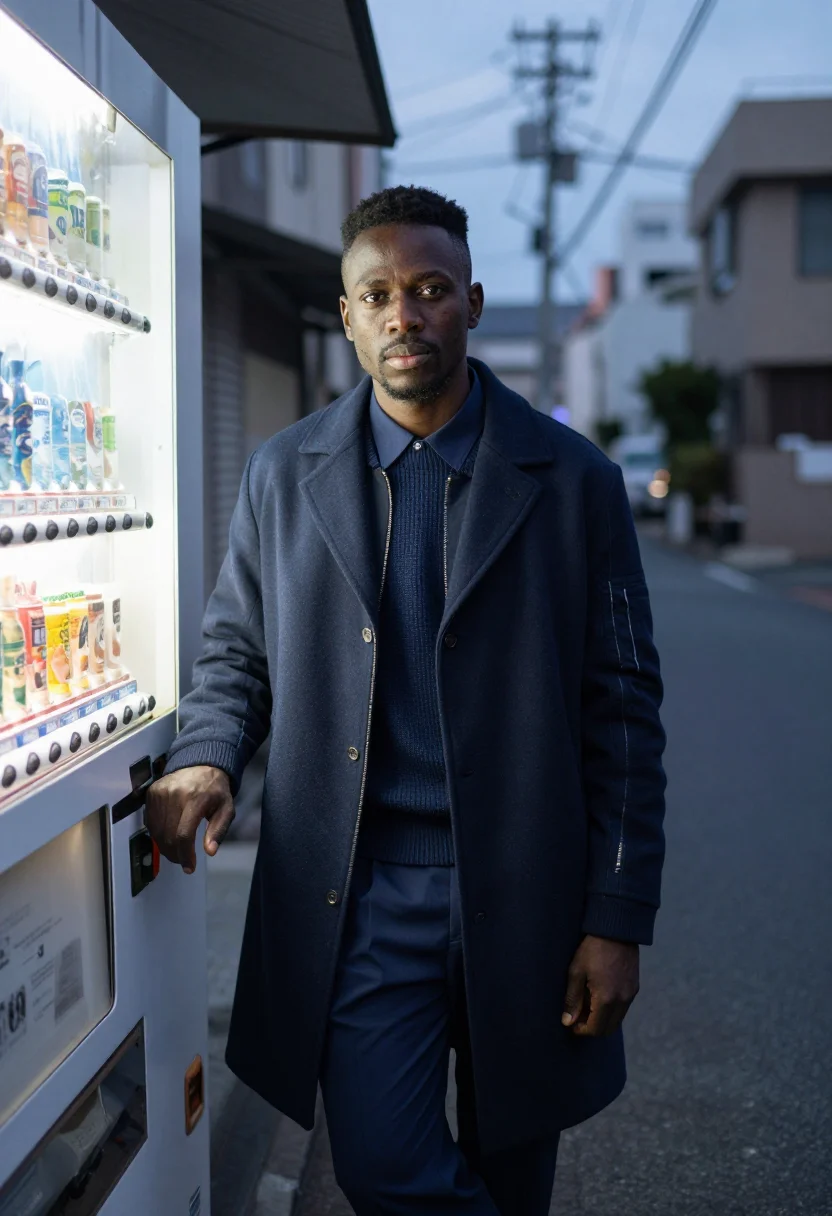 AI sacai harajuku hybrid bomber navy men sample — portrait of a man, a Ghanaian-Japanese man in his late twent