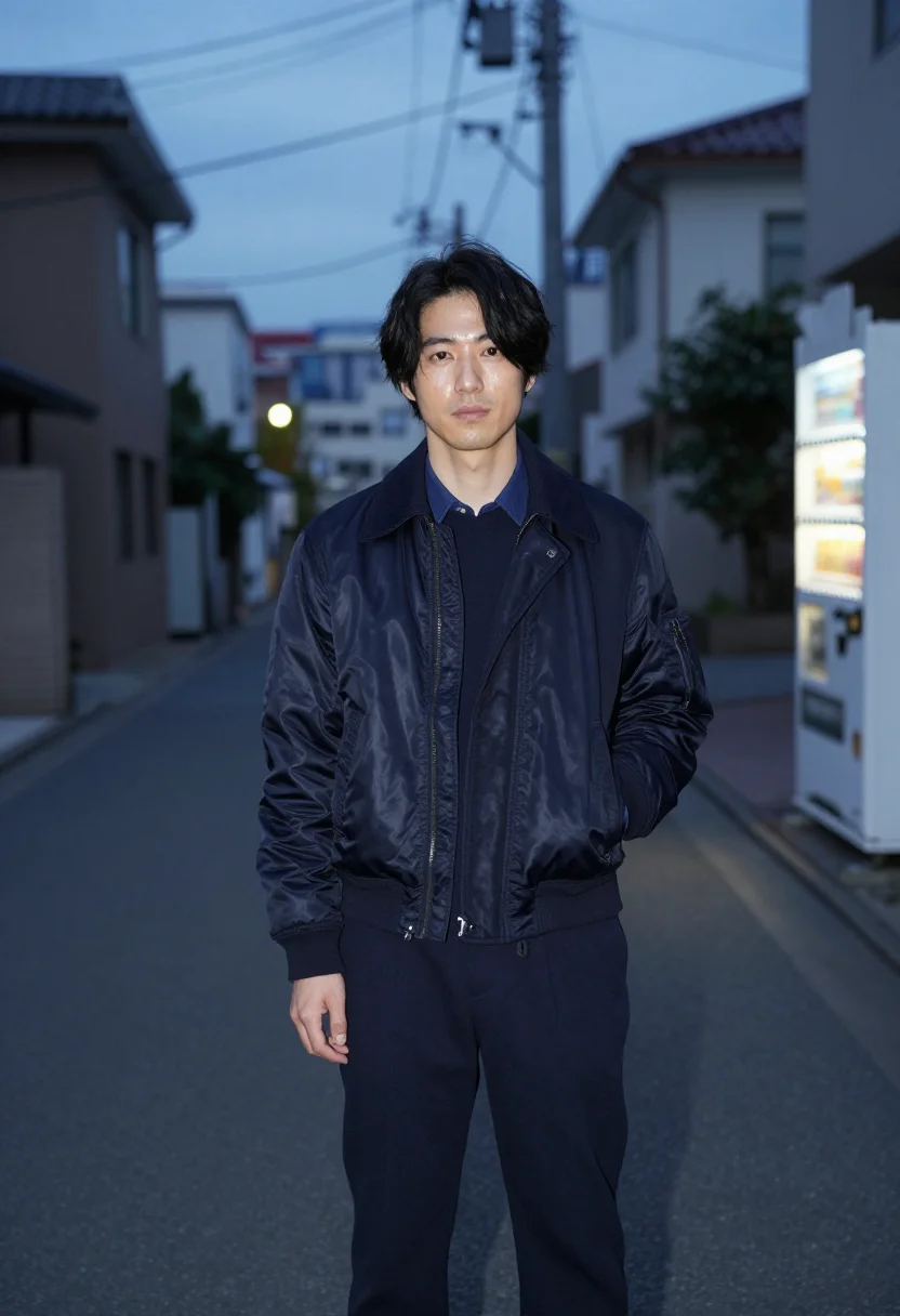 AI sacai harajuku hybrid bomber navy men sample — portrait of a man, a Japanese man in his early thirties with