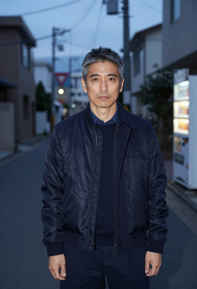 AI sacai harajuku hybrid bomber navy men sample — portrait of a man, a Japanese man in his mid-forties with wa