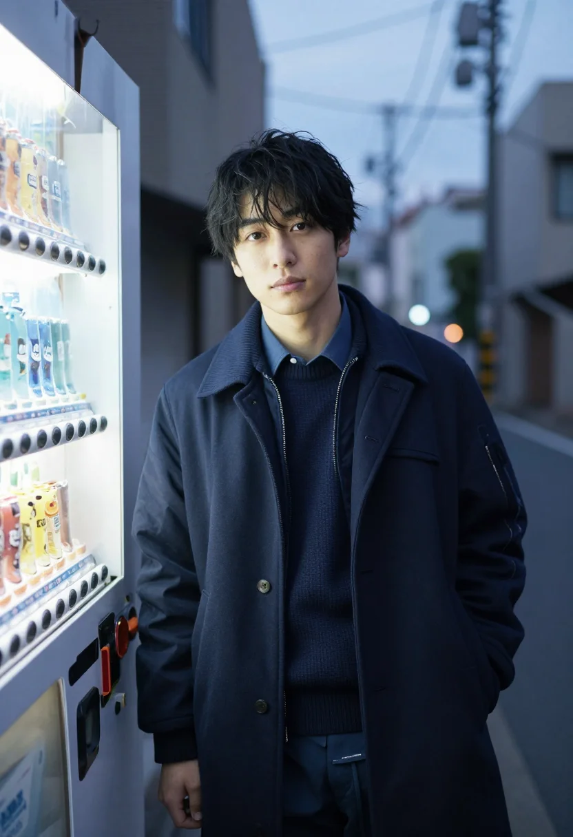 AI sacai harajuku hybrid bomber navy men sample — portrait of a man, a Japanese man in his mid-twenties with w