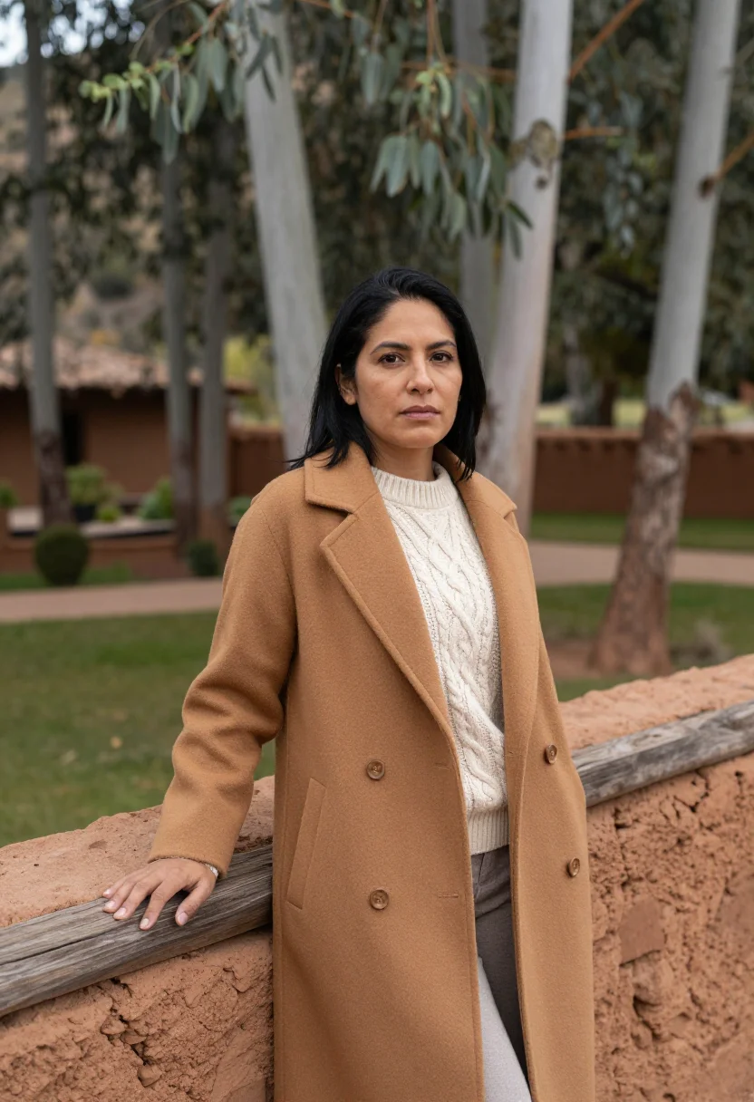 AI sacred valley hotelier adobe ochre terrace sample — portrait of a woman, a Peruvian hotelier in her early fortie