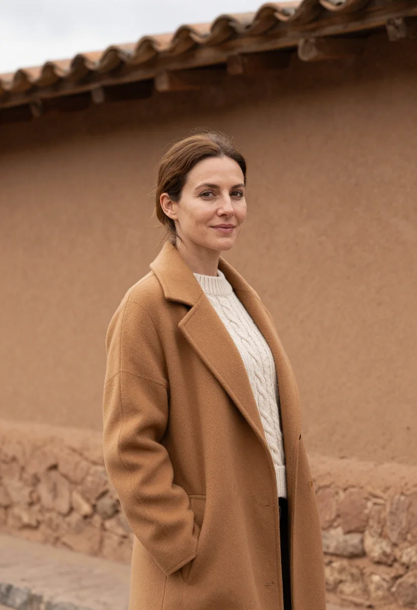 AI sacred valley hotelier adobe ochre terrace sample — portrait of a woman, a French hotelier in her mid-forties wi